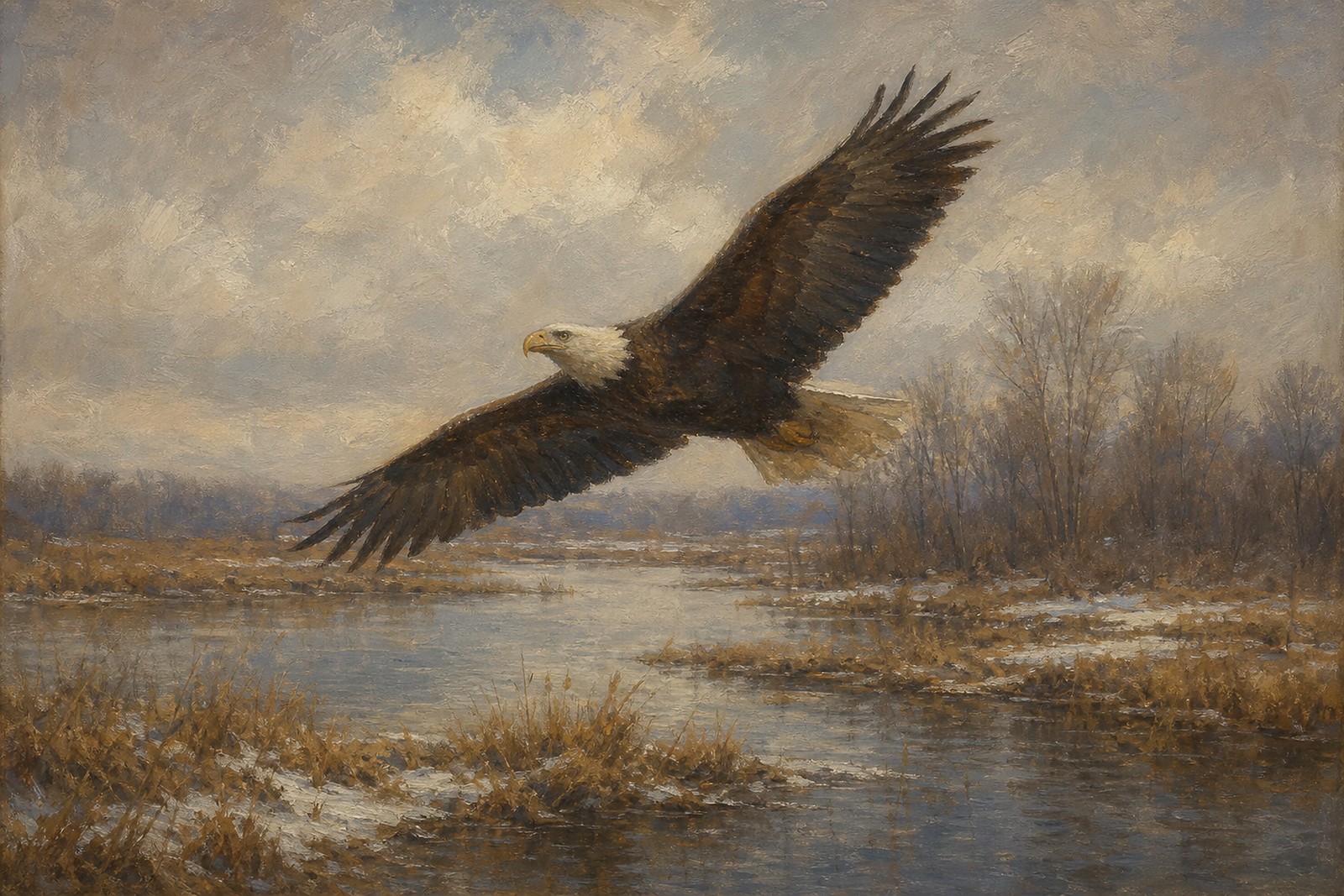 Bald Eagle Over Winter Marsh