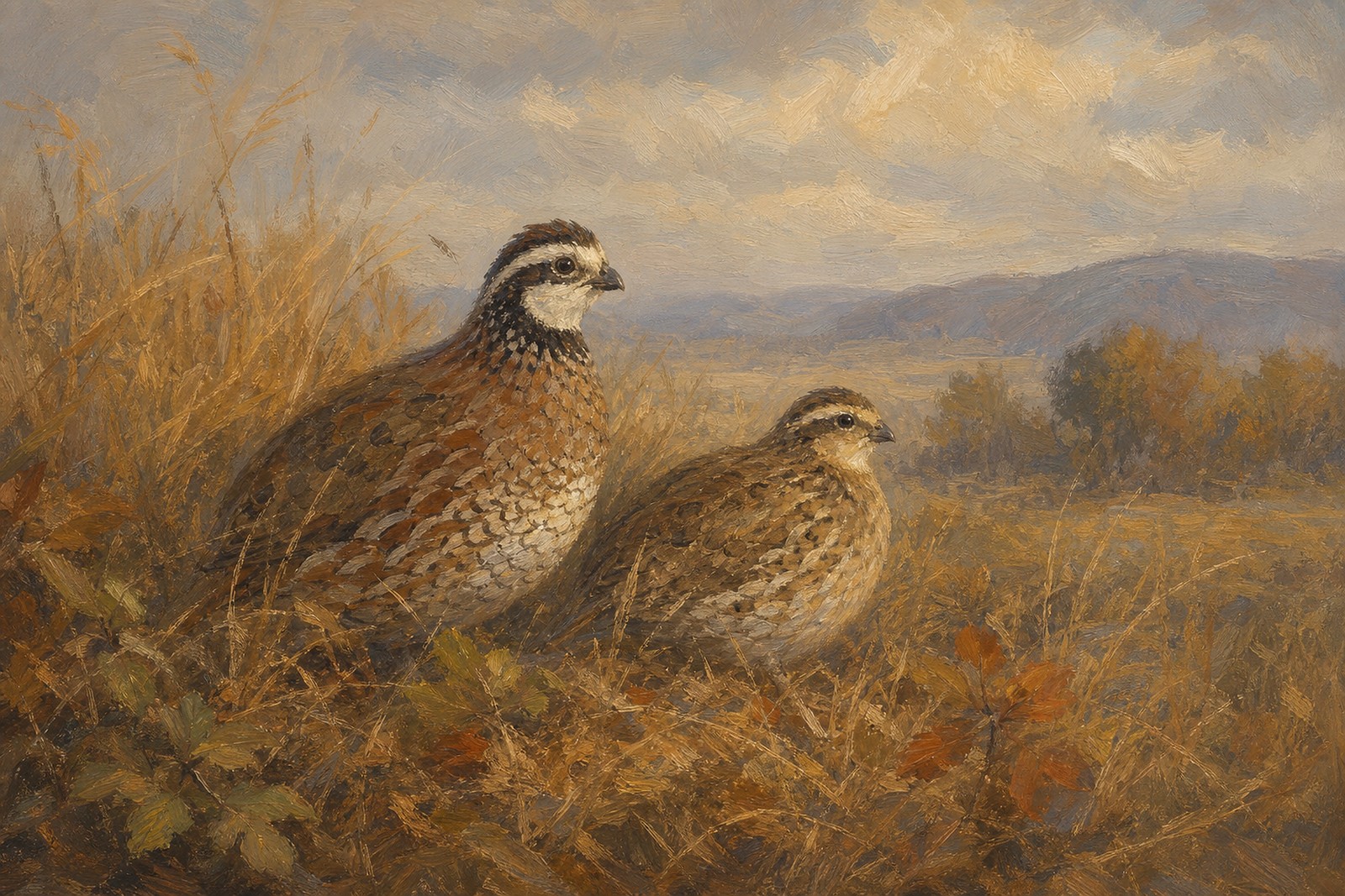 Bobwhite Quail Pair in Warm Grass