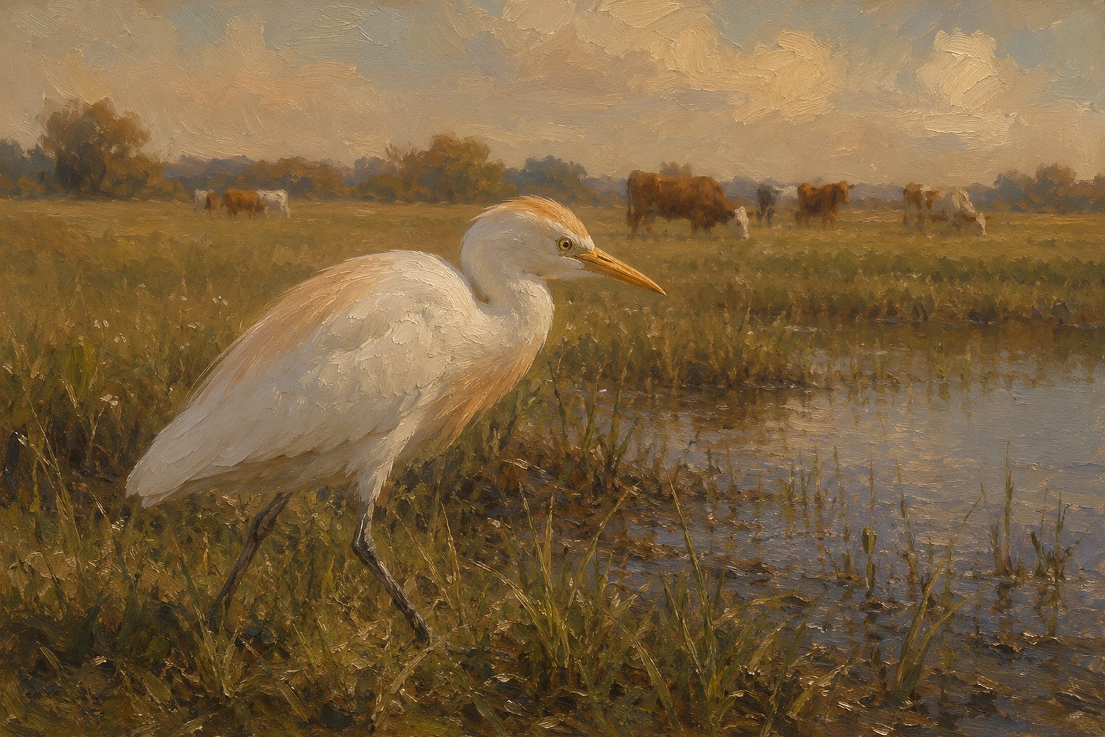 Cattle Egret in Pasture Wetland