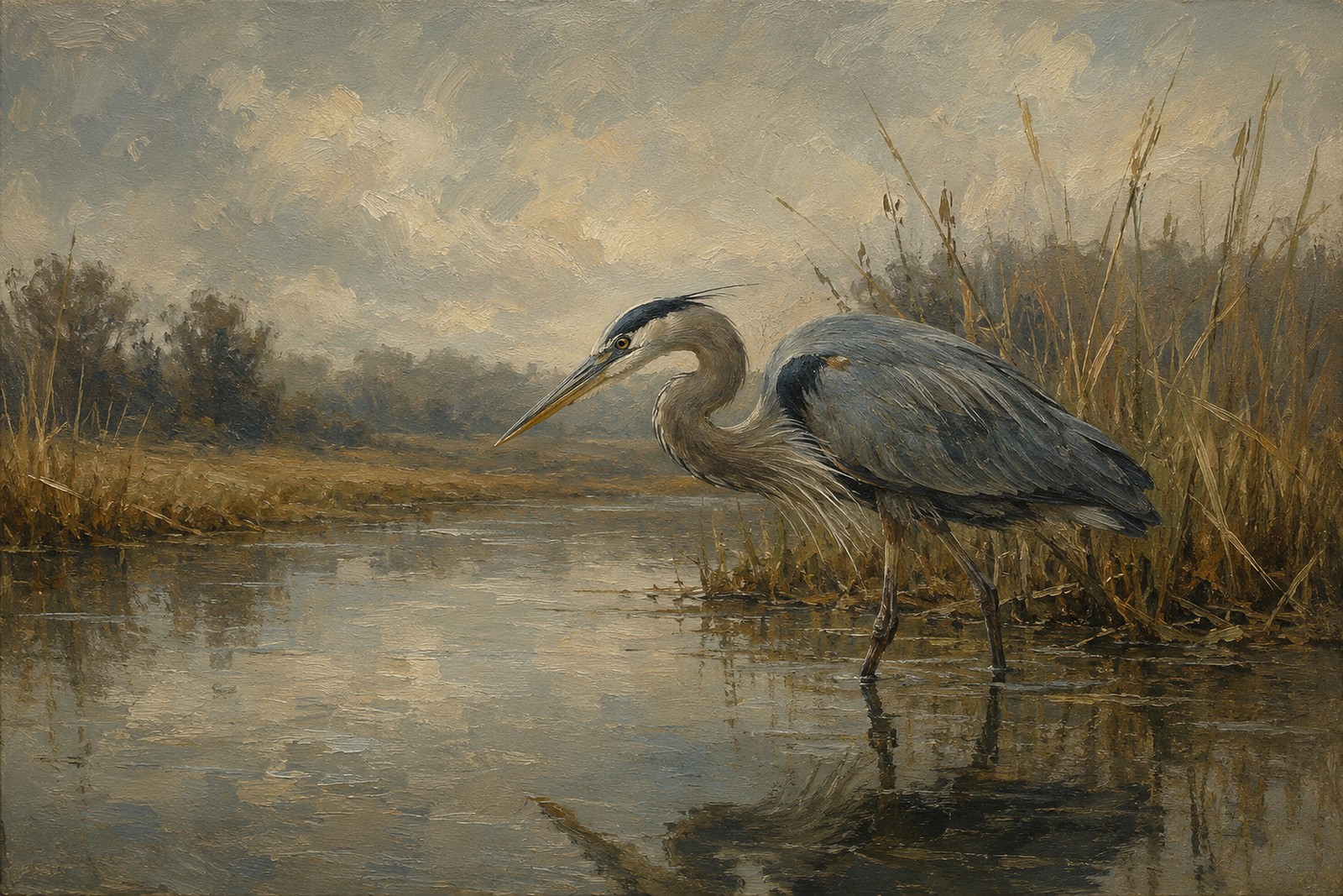 Great Blue Heron Fishing at Reed Edge