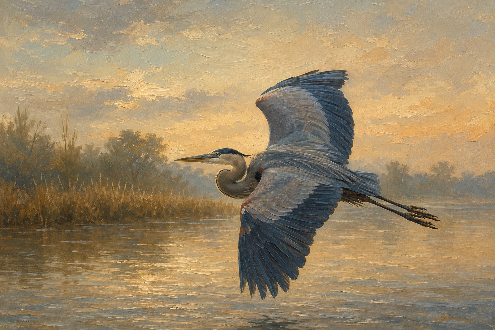 Great Blue Heron in Flight Over Water