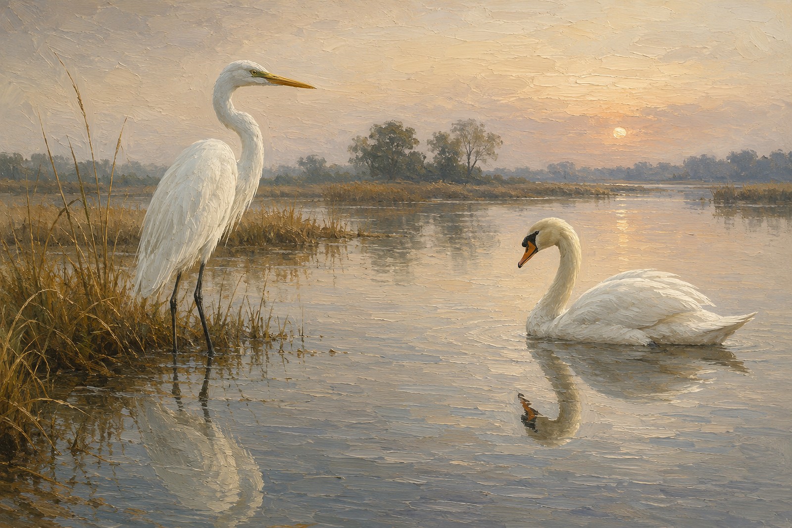 Great Egret and Swan Quiet Water Pairing