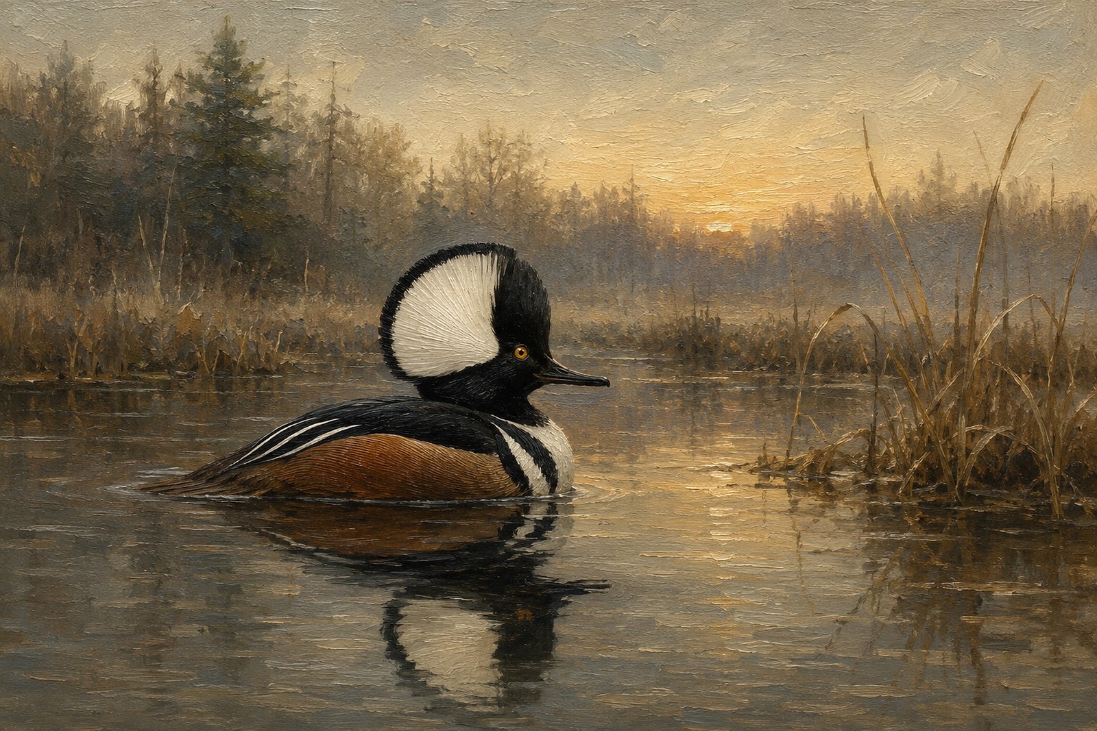 Hooded Merganser Drake in Woodland Pool