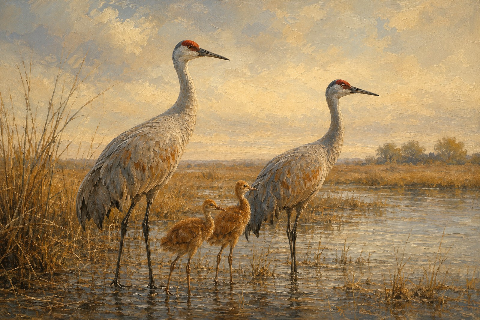 Sandhill Crane Family in Prairie Wetland