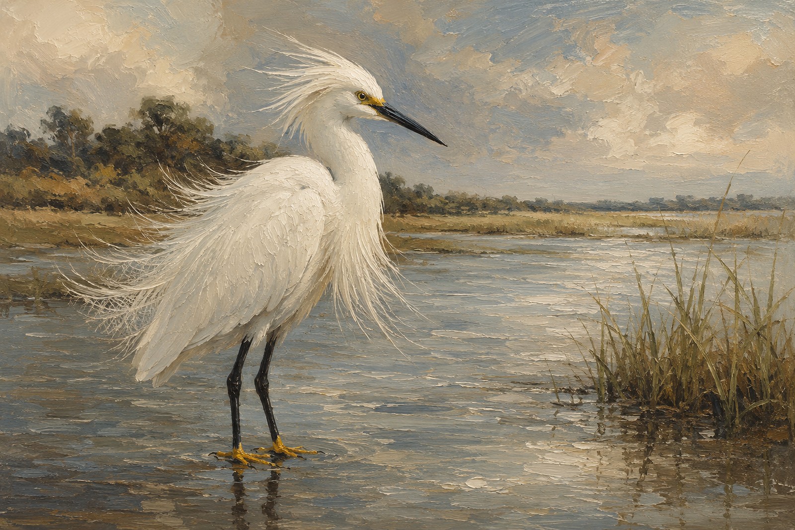 Snowy Egret with Wind-Lifted Plumes