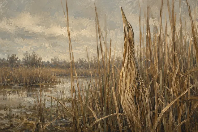 American Bittern Hidden in Reeds, oil-painting-style print