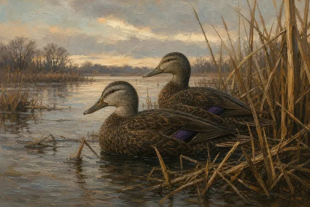 American Black Duck Pair in Winter Reeds, oil-painting-style print