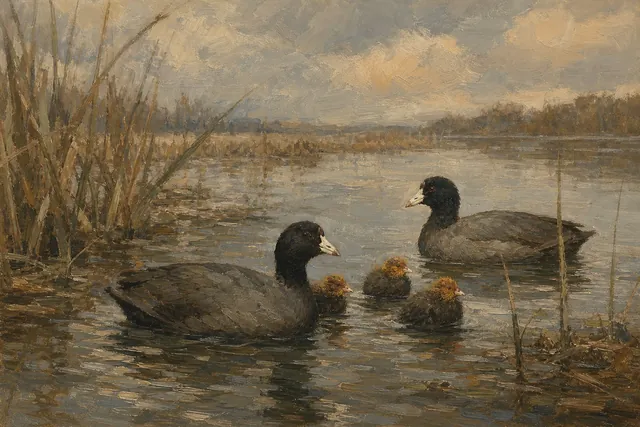 American Coot Family in Quiet Water, oil-painting-style print