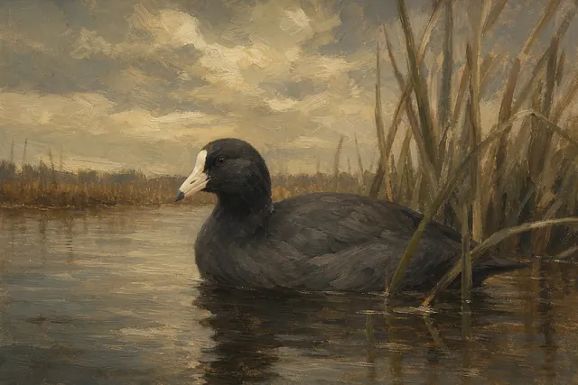 American Coot on Still Pond, oil-painting-style print