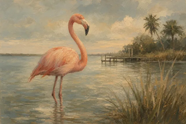 American Flamingo in Shallow Lagoon, oil-painting-style print