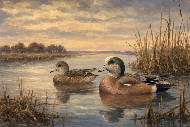 American Wigeon Pair on Quiet Pond, oil-painting-style print