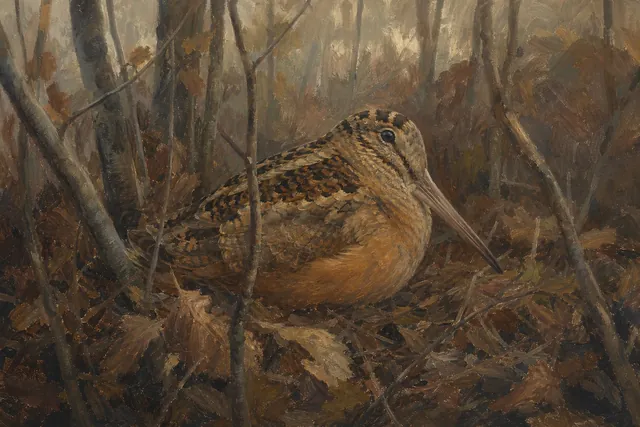 American Woodcock in Alder Thicket, oil-painting-style print