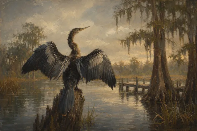 Anhinga Drying Wings in Cypress Swamp, oil-painting-style print