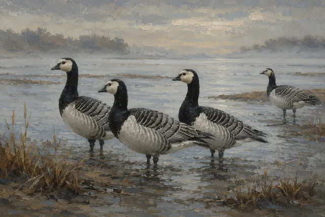 Barnacle Geese on Cold Estuary, oil-painting-style print