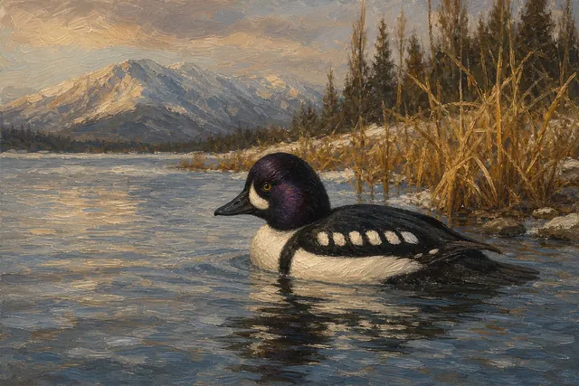 Barrow's Goldeneye in Mountain Water, oil-painting-style print