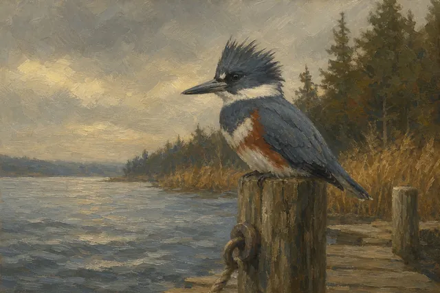 Belted Kingfisher on Weathered Dock Post, oil-painting-style print