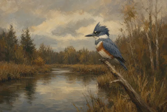 Belted Kingfisher Over Creek Bend, oil-painting-style print