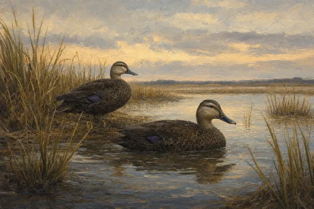 Black Ducks in Salt Marsh, oil-painting-style print