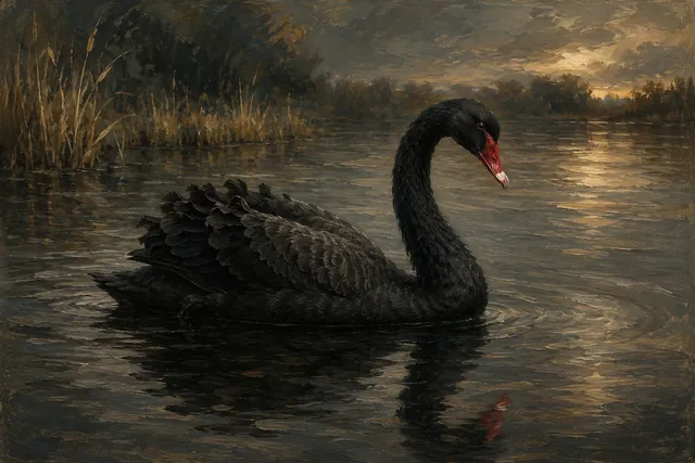 Black Swan on Reflective Water, oil-painting-style print
