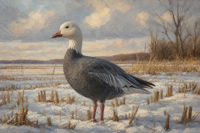Blue Morph Snow Goose in Winter Field, oil-painting-style print