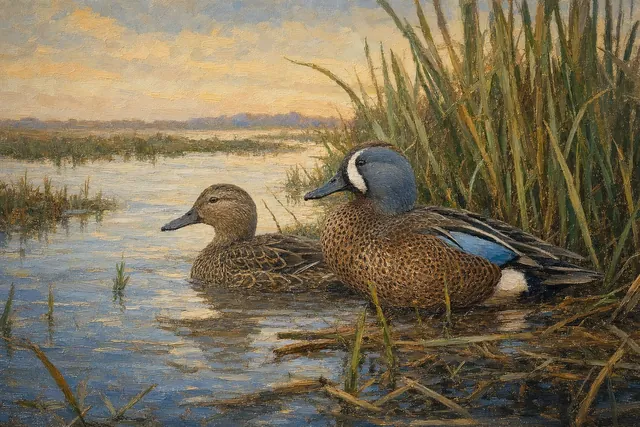 Blue-winged Teal at Spring Water, oil-painting-style print
