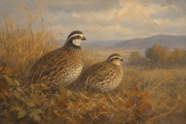 Bobwhite Quail Pair in Warm Grass, oil-painting-style print