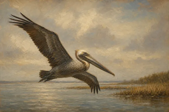 Brown Pelican Over Coastal Water, oil-painting-style print