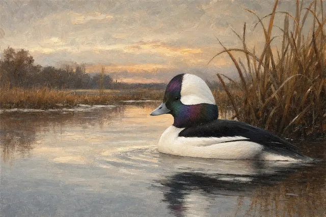 Bufflehead Drake in Winter Light, oil-painting-style print