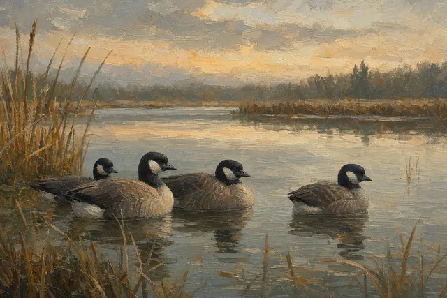 Cackling Geese on Northern Pond, oil-painting-style print