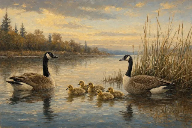 Canada Goose Family with Goslings, oil-painting-style print
