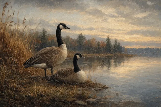 Canada Goose Pair on Lake Edge, oil-painting-style print