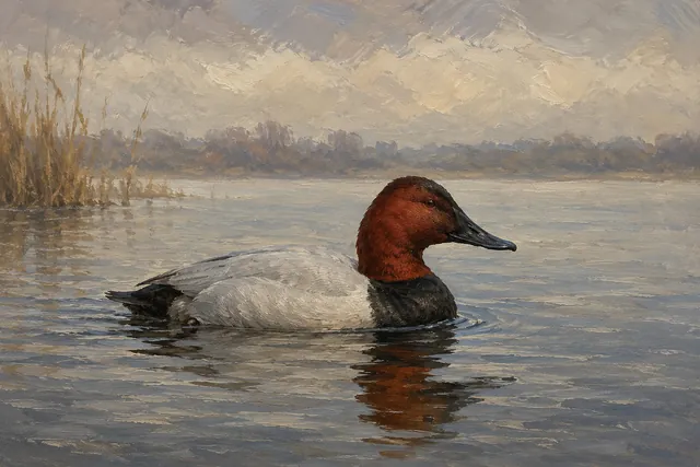 Canvasback Drake on Cold Lake, oil-painting-style print