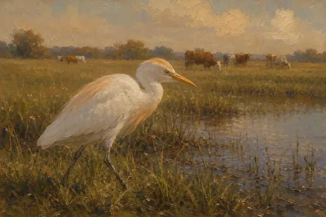 Cattle Egret in Pasture Wetland, oil-painting-style print
