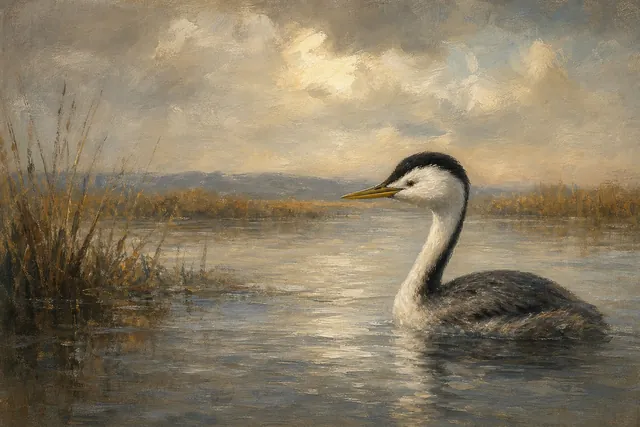 Clark's Grebe in Pale Lake Light, oil-painting-style print