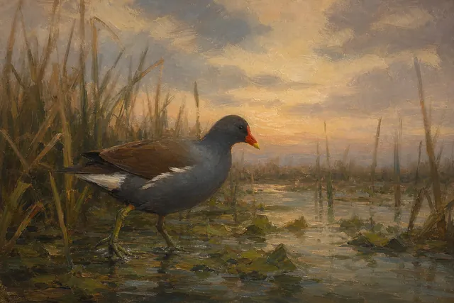 Common Gallinule in Marsh Plants, oil-painting-style print