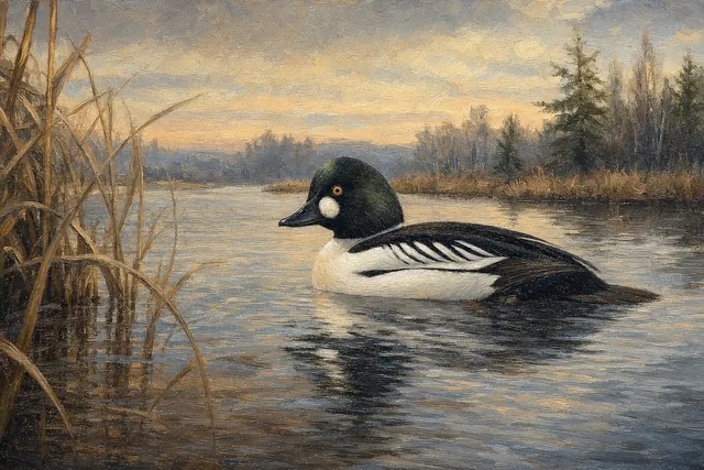 Common Goldeneye Drake on Cold River, oil-painting-style print