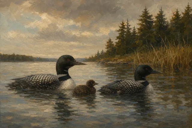 Common Loon Pair with Chick, oil-painting-style print