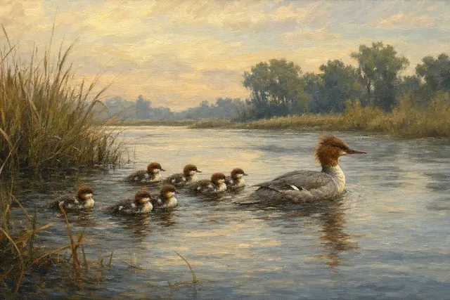 Common Merganser Family on River Bend, oil-painting-style print