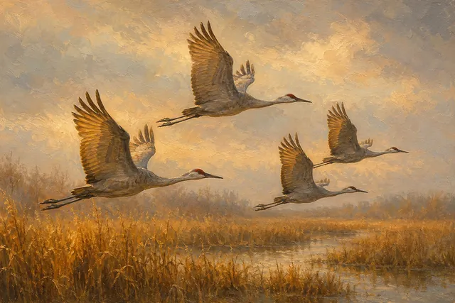 Crane Flight Over Amber Reeds, oil-painting-style print