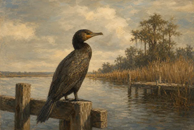 Double-crested Cormorant on Old Pier, oil-painting-style print