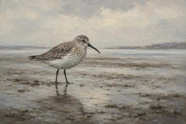 Dunlin in Winter Plumage on Mudflat, oil-painting-style print