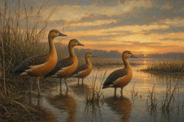 Fulvous Whistling Ducks at Sunset, oil-painting-style print