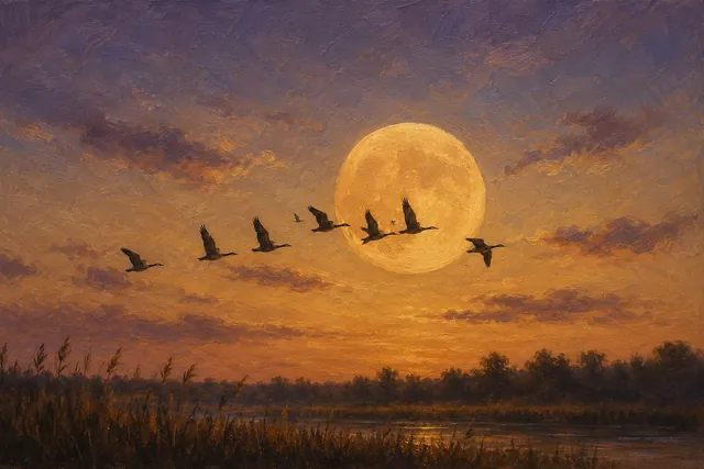 Geese Crossing a Harvest Moon, oil-painting-style print