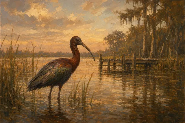 Glossy Ibis in Copper Light, oil-painting-style print