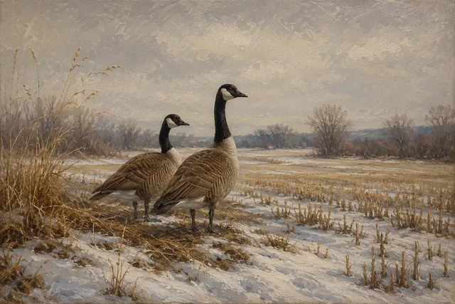 Goose Pair in Snowy Field Edge, oil-painting-style print