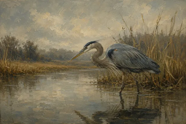 Great Blue Heron Fishing at Reed Edge, oil-painting-style print