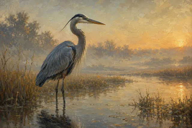 Great Blue Heron in Morning Marsh - framed wetland bird print