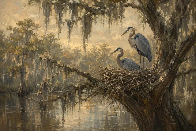 Great Blue Heron Pair at Nesting Cypress, oil-painting-style print