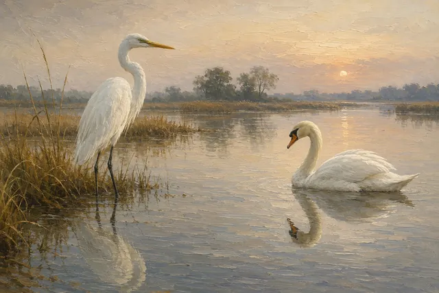 Great Egret and Swan Quiet Water Pairing, oil-painting-style print