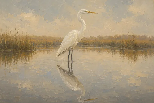 Great Egret with Reflection, oil-painting-style print